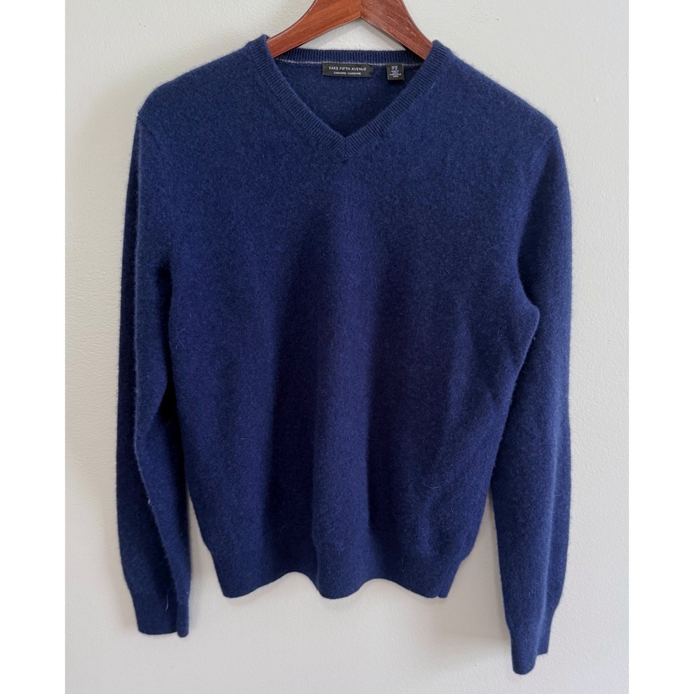 Saks Fifth Avenue Mens Navy Blue 100% Cashmere V-Neck Sweater Size Large
